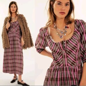 Free People Pink and Brown Plaid Midi Dress